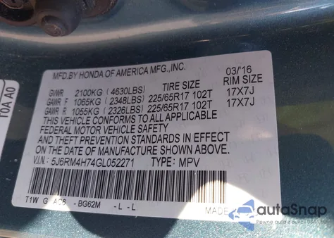 2016 Honda Cr-V Ex-L z USA, uszkodzony, nr VIN 5J6RM4H74GL052271